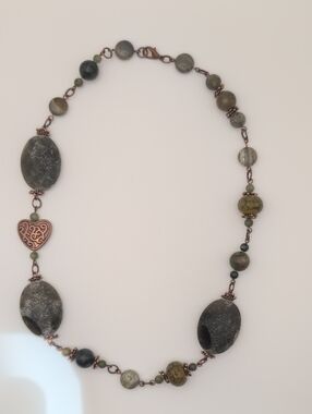 Handmade Labradorite, Jade Stone and Copper Heart Necklace 18"